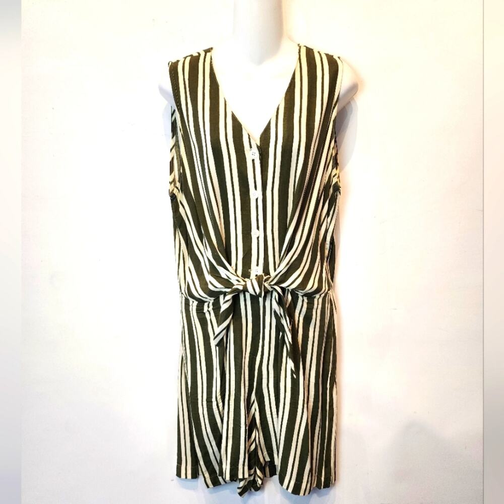 Vintage 90s Striped Green Shorts‎ Romper Front Tie Playsuit Rayon Size 14